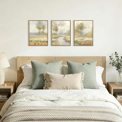 HPNIUB Watercolor Green Landscape Framed Wall Art Set,Nature Wildflowers Wall Decor,Vintage Colorful Floral Art Print, Wilderness Tree Scenery Artwork for Living Room, Bedroom,Office-12 x16 x3