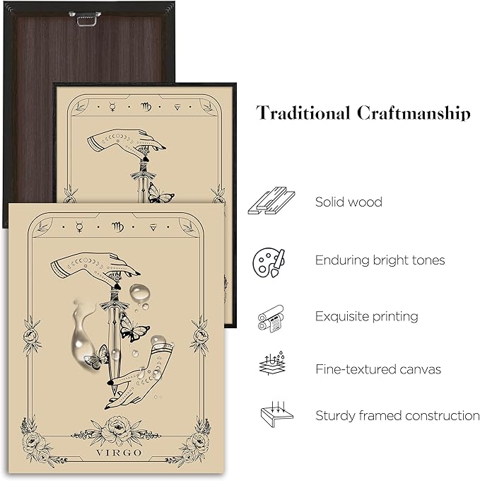 SERIMINO Witchy Framed Wall Art, Virgo Tarot Canvas Prints Paintings, Horoscope Dark Academia Home Decor Aesthetic, 16x24inch Gothic Wall Decor for Room