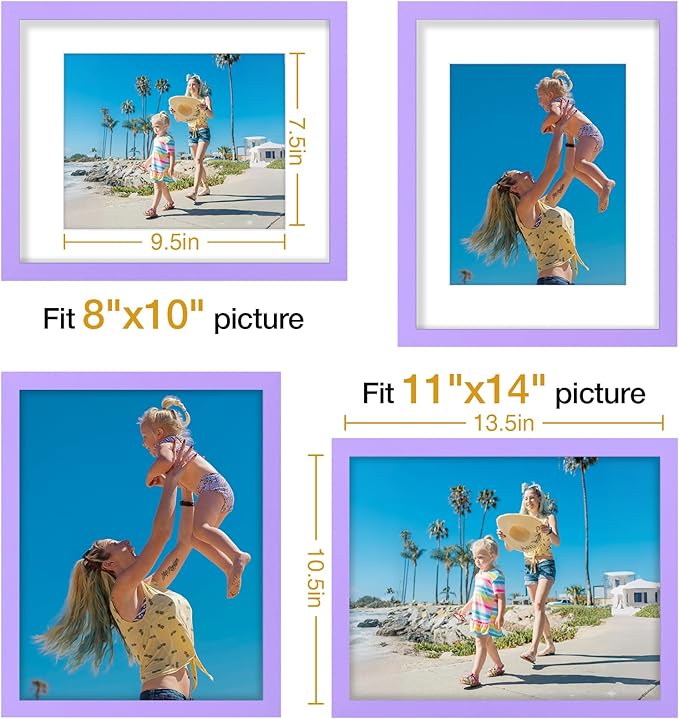 Vittanly 11x14 Picture Frames Set of 9, Display 8x10 Pictures with Mat or 11x14 without Mat, Photo Frames for Wall or Tabletop with Plexiglass, Engineered Wood, Purple