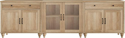 WAMPAT Farmhouse TV Stand for 100 Inch TV, 3-in-1 TV Console Table for 75/80/85/90 Inch TV, Entertainment Center with Glass & Wood Door, Kitchen Sideboard Buffet Cabinet for Dining Room, Oak
