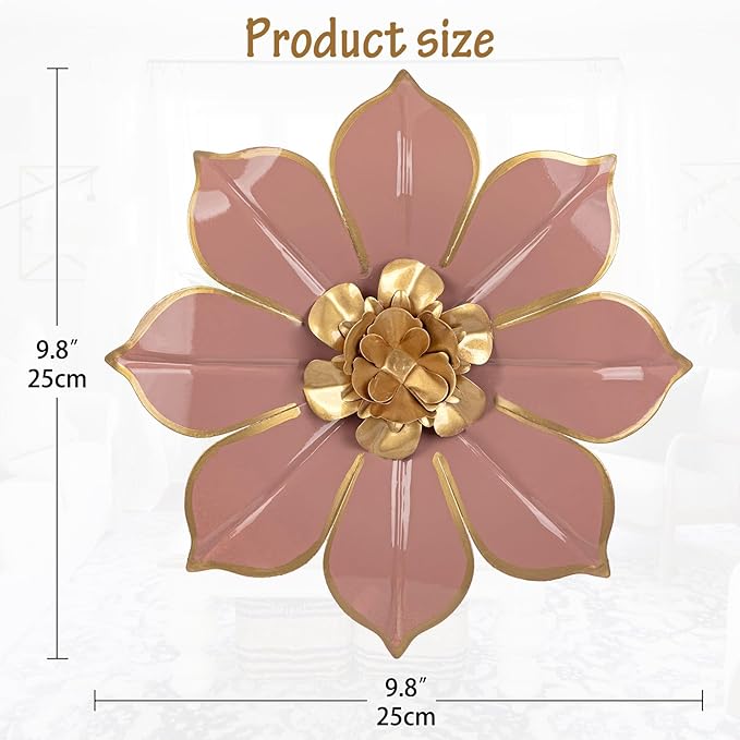10" Metal Flowers Wall Decor, Pink & Gold 3D Floral Metal Wall Art Decor for Inoor & Outdoor Use, Vintage & Modern Walls Arts for Bathroom, Living Room, Bedroom, Office, Garden, Patio, Porch, 1 Piece