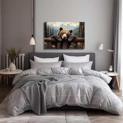 XLMDYYSW Bear Canvas Wall Art Brown Bear Pictures Wall decor Rustic Woodland Wildlife Print Forest Wild Animal Painting for Living Room Bedroom Cabin Framed (12L x 18W)