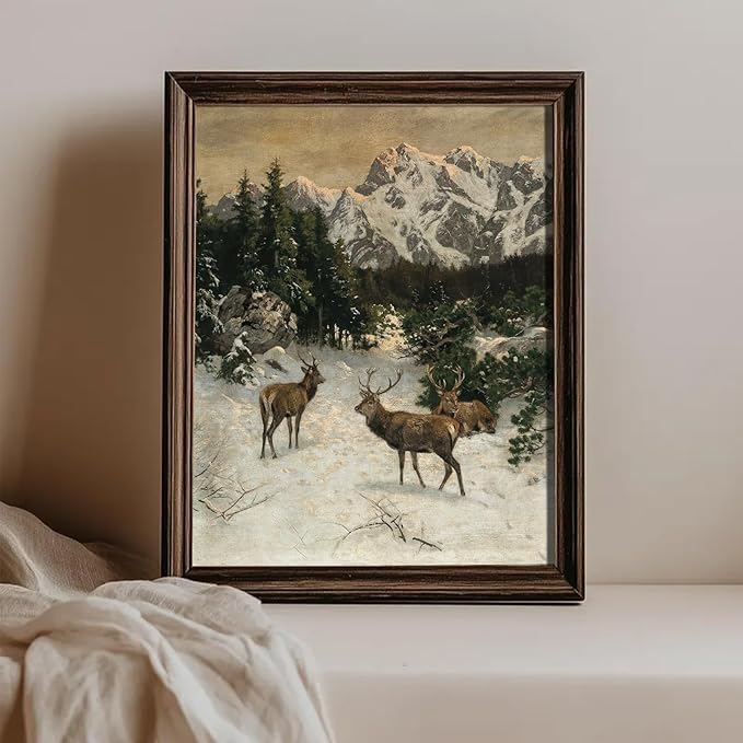 uniro Vintage Wall Art Prints - Vintage Christmas Print Winter Landscape Oil Painting, Rustic Deer Mountain Christmas Picture Wall Decor, Retro Muted Snowy Landscape Holiday Wall Decor, Xmas Decor for Bedroom Bathroom Living Room Christmas Holiday Deco...