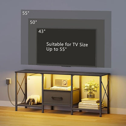 JARHETUN LED TV Stand with Fabric Drawer, Entertainment Center for 50 55 Inch TV, Industrial TV Console Table with Open Storage Shelves for Living Room, Bedroom, Black