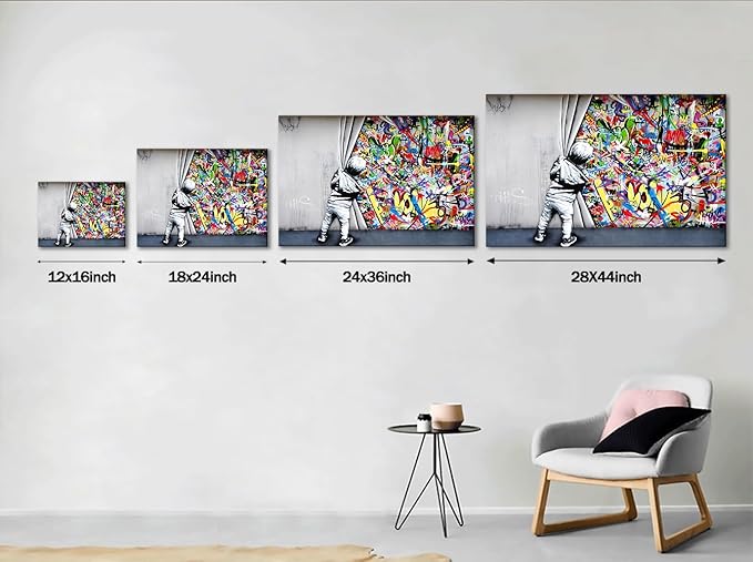 Banksy Street Art Child Colorful Graffiti Posters Printing Pop Artwork Behind The Curtain Graffiti Canvas Paintings Art Wall Decor for Living Room Modern Home Decor Framed(16''W x 12''H)
