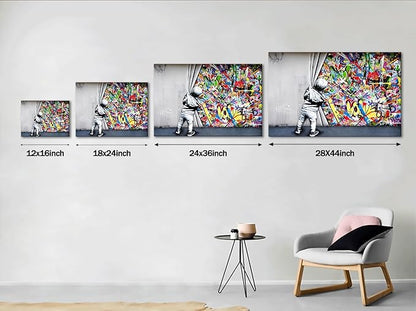 Banksy Street Art Child Colorful Graffiti Posters Printing Pop Artwork Behind The Curtain Graffiti Canvas Paintings Art Wall Decor for Living Room Modern Home Decor Framed(16''W x 12''H)