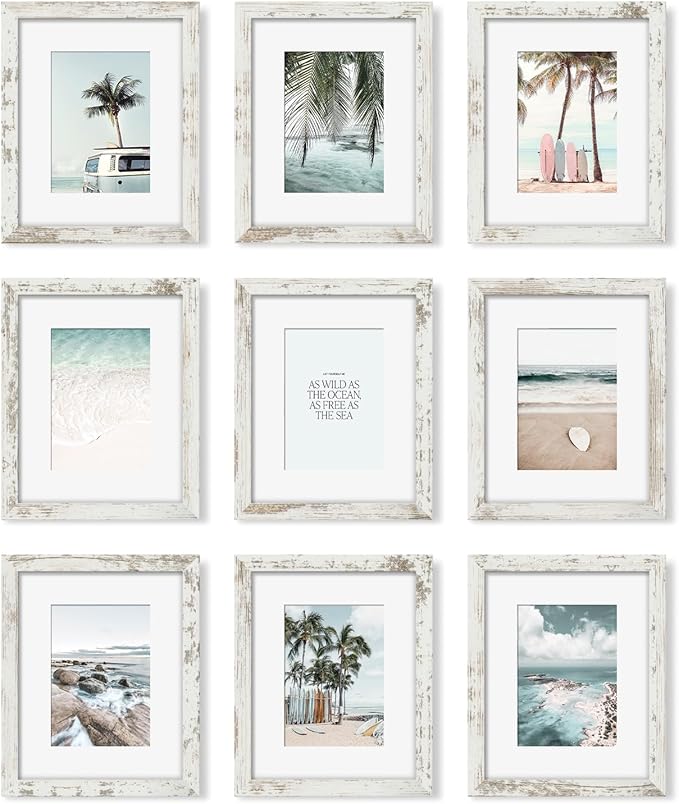 YESKAY 8x10 Picture Frame Set of 9, Display Pictures 5x7 with Mat or 8 x 10 Without Mat, Multi Photo Frames for Wall Mounting or Table Top Display, Distressed White