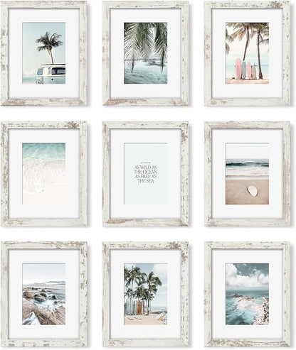 YESKAY 8x10 Picture Frame Set of 9, Display Pictures 5x7 with Mat or 8 x 10 Without Mat, Multi Photo Frames for Wall Mounting or Table Top Display, Distressed White