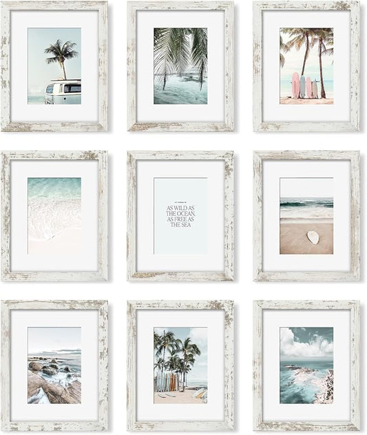 YESKAY 8x10 Picture Frame Set of 9, Display Pictures 5x7 with Mat or 8 x 10 Without Mat, Multi Photo Frames for Wall Mounting or Table Top Display, Distressed White