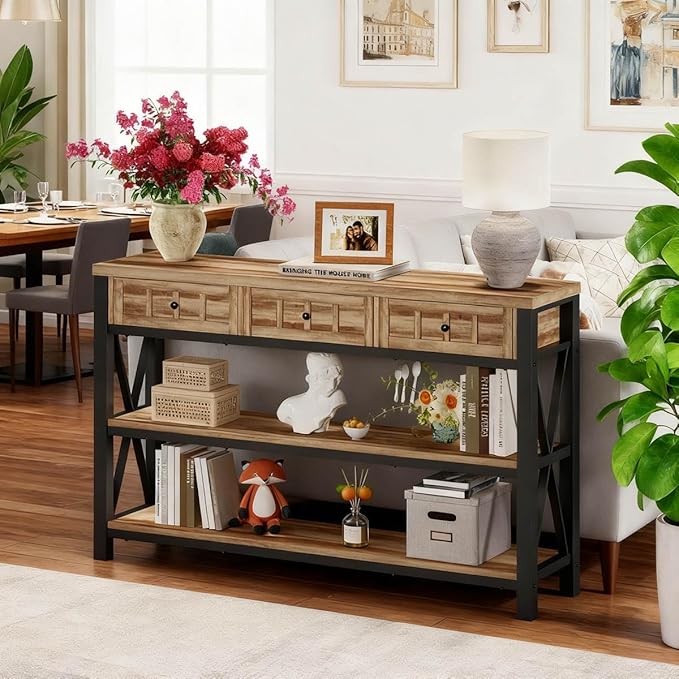 FATORRI Console Table for Entryway, Rustic Sofa Table with 3 Drawers for Living Room, Farmhouse Hallway Tables with Storage and Couch Tables Behind Sofa (54.72 Inch Long, Rustic Oak)