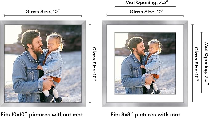 Americanflat 10x10 Picture Frame with Shatter-Resistant Glass - Use as 8x8 Frame with Mat or Display 10x10 Photo Without Mat - Streamline Collection - Square Frames for Tabletop or Wall - Silver