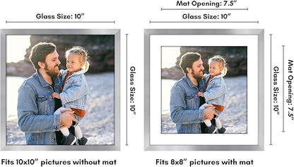 Americanflat 10x10 Picture Frame with Shatter-Resistant Glass - Use as 8x8 Frame with Mat or Display 10x10 Photo Without Mat - Streamline Collection - Square Frames for Tabletop or Wall - Silver