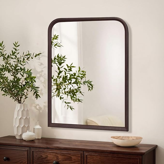 Arched Bathroom Mirror for Wall,24 x 36 inch Hanging Vanity Dark Walnut Brown Tempered Mirrors with Rounded Corner for Living Room,Bedroom,Entryway