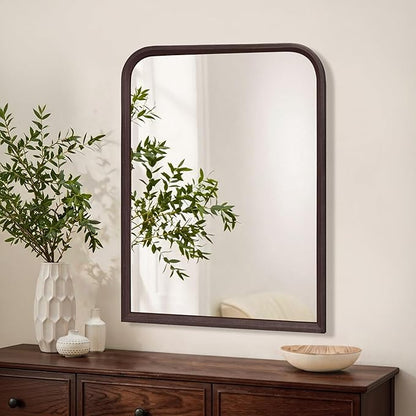 Arched Bathroom Mirror for Wall,24 x 36 inch Hanging Vanity Dark Walnut Brown Tempered Mirrors with Rounded Corner for Living Room,Bedroom,Entryway