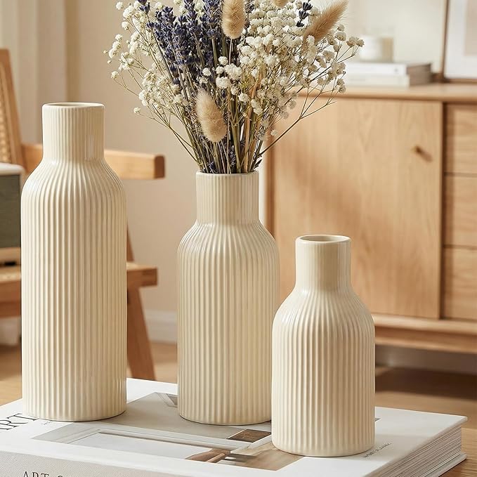Beige Ceramic Flower Vases Set of 3, Modern Smooth Ribbed Texture, Nordic Minimalist Decor for Pampas, Dried & Fresh Flowers, Centerpiece for Living Room, Shelf, Entryway, Wedding