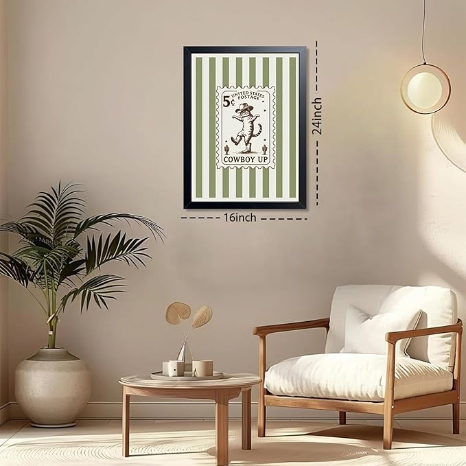 Framed Vintage Cowboy Cat Wall Art, Funny Western Cat Canvas Print Poster, Boho Ranch Animal Painting Picture, Rustic Farmhouse Nursery Wall Decor for Living Room Bedroom Kids Room 16x24Inch
