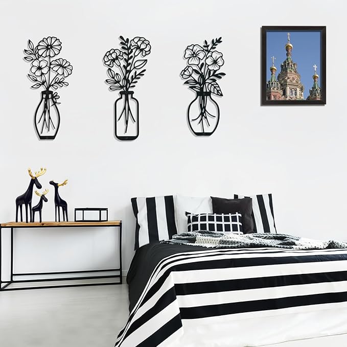 Lcaughsy Metal-Wall-Art Decoration - Metal Wall Decor Floral and Picture Frame For Living Room, 3 Pcs Hanging Wall Decor Art for Home Dining Room Bedroom Kitchen Farmhouse, Black