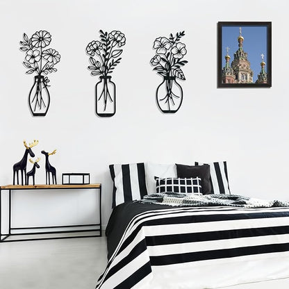 Lcaughsy Metal-Wall-Art Decoration - Metal Wall Decor Floral and Picture Frame For Living Room, 3 Pcs Hanging Wall Decor Art for Home Dining Room Bedroom Kitchen Farmhouse, Black