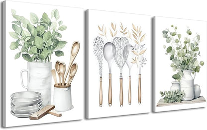 YFvrPt Sage Green Kitchen Wall Art Set of 3, Eucalyptus Leaves Plant Dining Room Painting Wall Decor, Boho Botanical Canvas Poster Print Farmhouse Pictures for Home Decoration Framed 12"x16"