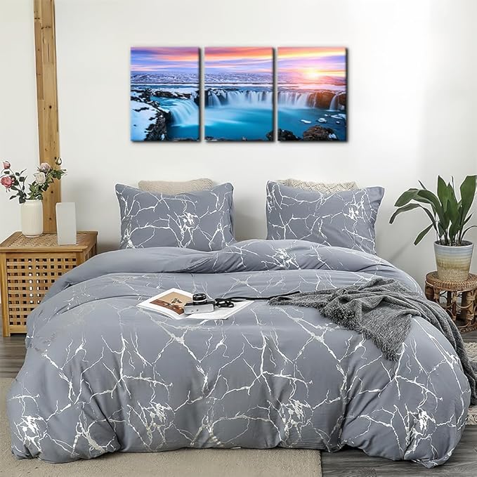 Pacimo 3 Pieces Canvas Wall Art Tropical Waterfall Pastel Sunset Horizon Pictures Prints Nature Landscape Modern Artwork for Walls Painting Home Office Wall Decor Framed Ready to Hang - 12"x16"x3