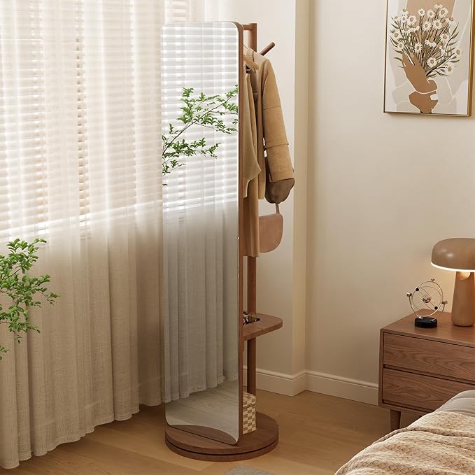 WoodsWhisper Full Length Mirror Coat Rack Solid Wood Floor Mirror 66"x12" Full Length Mirror with Stand Long Mirrors for Bedroom,Living Room (Deep Walnut, 70" L x 16" W)