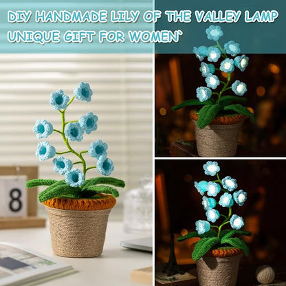 Lily of The Valley Lamp, Blue Crochet Artificial Flowers with Night Lights, Cordless Table Lamp -Birthday Gifts for Women,Cozy Home Decor Mothers Day Gifts