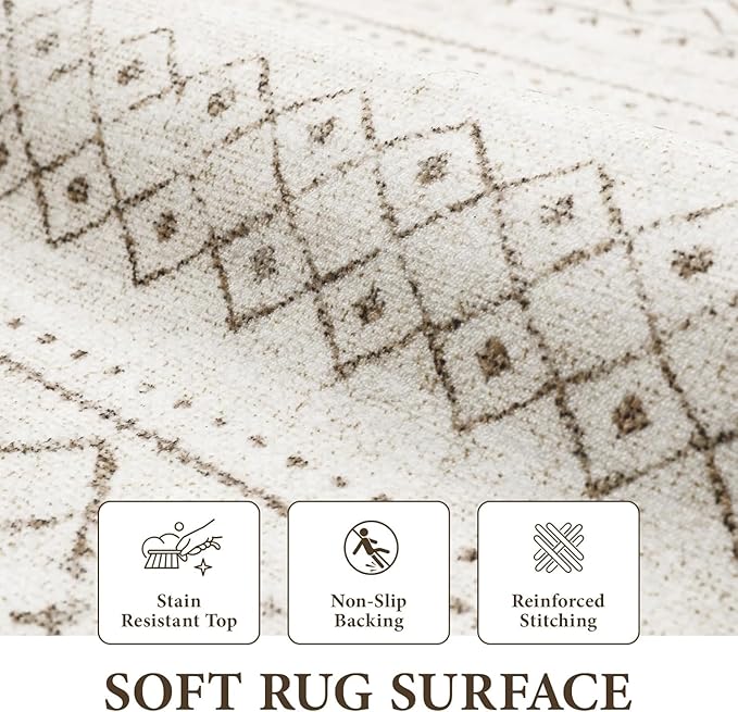 Area Rug for Living Room 6x9: Large Washable Boho Moroccan Rugs Geometric Neutral Rug, Non-Slip Foldable Morden Farmhouse Indoor Floor Carpet for Bedroom Dining Table Home(Brown,6X9)