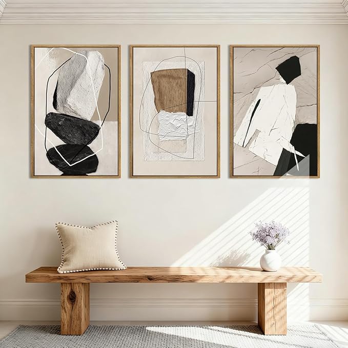 ANHUIB Large Abstract Wall Art Canvas,Black Beige Artwork,Neutral Modern Framed Wall Art, Minimalist Geometric Painting,24x36 Inches Set of 3 for Living Room Bedroom