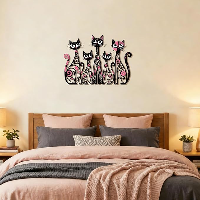 Wesiti Cat Wall Art Decor Iron Wall Sculptures Decor for Cats Lover 13.15 x 10.59 Inches Colorful Retro Mid Century Cat Signs for Home Living Room Bedroom Kitchen Office(Stylish)