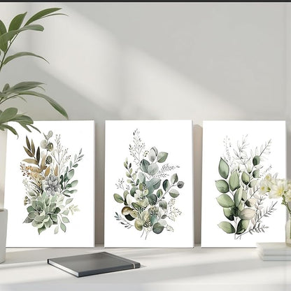FYLDPSB 3 PCS Unframed Watercolor Floral Canvas Wall Art, Boho Sage Green Wildflower Wall Decor, Modern Flowers and plants Painting Print for Bedroom Living Room Bathroom Decorations 16''L x 24''W