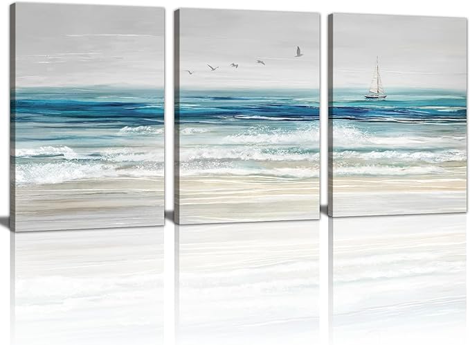 WENGTIAO Abstract Ocean Wall Art Set of 3 Blue Beach Canvas Paintings Minimalist Coastal Prints Pictures Sail Boat Home Decor Seascape Artwork for Living Room Bedroom Hallway 12”x16”x3Pcs