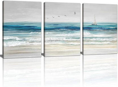 WENGTIAO Abstract Ocean Wall Art Set of 3 Blue Beach Canvas Paintings Minimalist Coastal Prints Pictures Sail Boat Home Decor Seascape Artwork for Living Room Bedroom Hallway 12”x16”x3Pcs
