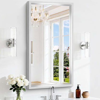 42x24 Silver Bathroom Mirror, Brushed Silver Rectangular Mirror for Wall, 0.6" Thickened Deep Frame Mirrors for Bathroom Sink, Shatterproof Tempered Glass, Antirust, Horizontally or Vertically