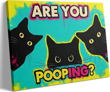 Funny Black Cat Bathroom Canvas Wall Art - Are You Pooping? Colorful Humor Poster for Washroom, 16x24 Inch Framed Graffiti Print for Toilet Restroom, Pop Art Wall Decor, Gifts for Cat Lovers