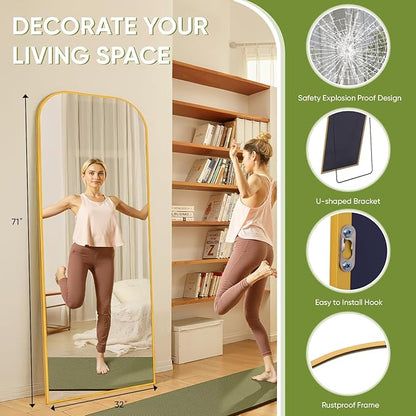 Full Length Mirror with Stand 71"x32" Floor Mirror Freestanding, Arched Floor Standing Large Mirrors Full Body Wall Hanging Leaning Home Decor for Bedroom & Living Room, Gold