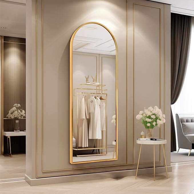 Wall Mirror Full Length Metal Aluminum Framed Floor Mirror 48"x12" Arched Large Full Body Mirror for Bedroom Living Room Entryway Dressing Room Gold