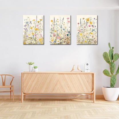 WENGTIAO 3Pcs Framed Colorful Wildflower Canvas Wall Art, Yellow Watercolors Flowers Wall Pictures Floral Canvas Prints Wall Decor Paintings for Living Room Girls Bedroom Ready to Hang 12"x16"x3