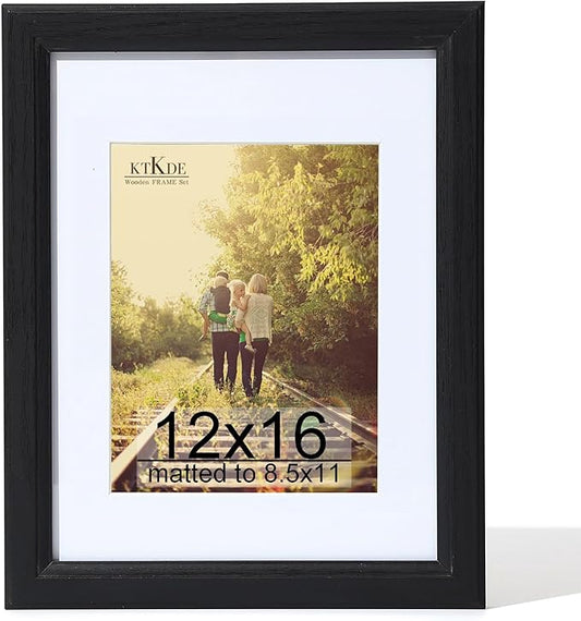 KTKDE 12x16 Picture Frame Real Glass,Poster frame Display Pictures 8.5x11 with Mat or 12x16 Without Mat, Modern Style Wood Composite Frame,Gallery Wall Frame Wooden Black，best gift