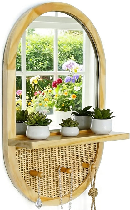 Wood Wall Mirror with Hooks, 22x14 Inch Boho Wall Mirror with Removable Shelf, Oval Solid Wood Framed, Handmade Rattan Mirror Decor Accent for Entryway, Bathroom, Nursery, Bedroom, Living Room
