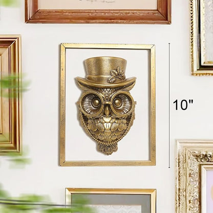 Newinhome Animal Heads Wall Decor (Includes Metal Frame) Halloween Resin Animals Sculptures Head Wall Hanging Decoration Gold vintage Wall Sculpture for Living Room Bedroom Office(Owl)