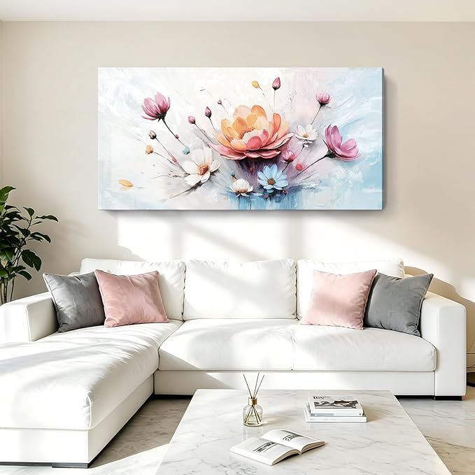 Extra Large Floral Living Room Wall Art (Orange, Pink, & Blue) — Abstract, Colorful Botanical Canvas Print. A Modern, Aesthetically Pleasing Nature-Inspired Wall Decoration, Suitable For Bedrooms, Entryways, Dining Rooms, Balconies, And More. Dimension...