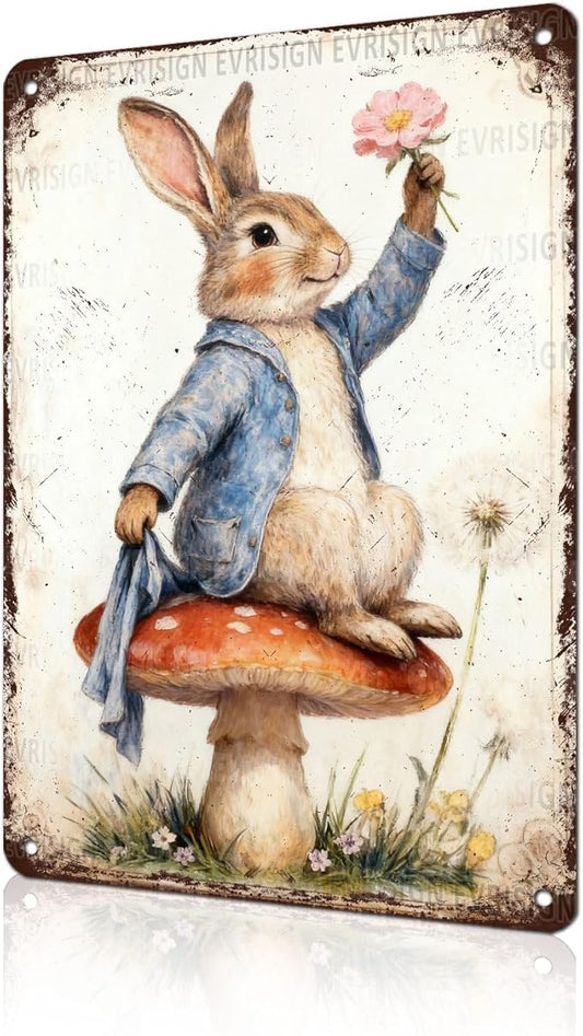 Easter Retro Rabbit Metal Sign Vintage Tin Wall Art Rustic Farmhouse Decor For Home Bar Living Room Spring Celebration 8x12Inch