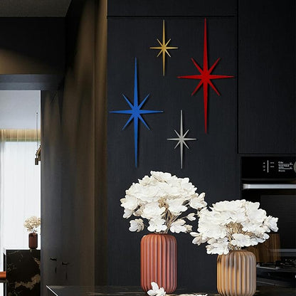 sxnzequnze 4 Pcs. Star Wall Art for Home Decor Living Room Bedroom Office Metal 3D,Bling,with Hanging Hook Starburst Midcentury Sculpture Retro Gallery Accent Celestial -Gold 16.5In/9.4In