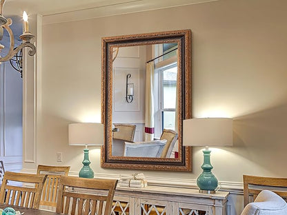 Antique Bathroom Wall Mirror 36.5" X 25", Bronze Mirror with Ornate Carvings Solid Wood Frame, Handmade Aging, for Vintage Living Room, Hallway and Bedroom
