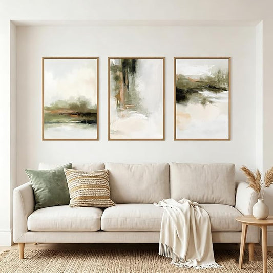 KAIRNE Green Abstract Neutral Framed Canvas Wall Art Set,Modern Watercolor Shapes Wall Decor,Minimalist Pastel Art Prints,Brown Gray Tan Artwork for Living Room,Bedroom,Farmhouse,Office-16 x24 x3