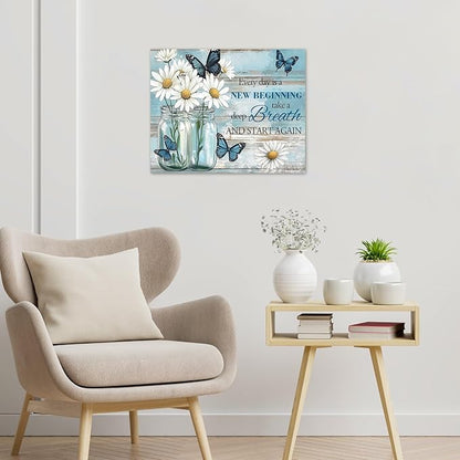 LB Rustic Daisy Butterfly Wall Art Every Day is a New Beginning Inspirational Quote Canvas Wall Art Farmhouse Floral Wall Decor for Bedroom Living Room Bathroom Framed Ready to Hang 16L x 20W