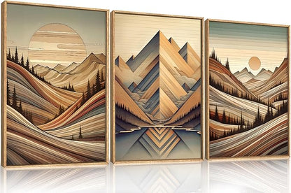 Aryroi Vintage Woodcut Style Mountain Framed Canvas Wall Art Set,Mid Century Nature Woodland Pine Tree Wall Decor,Modern Boho Brown Sunrise Forest Artwork for Living Room,Bedroom,Office-24 x36 x3