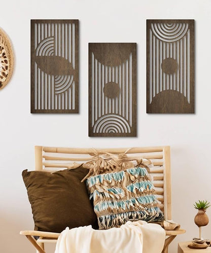 Putuo Decor Geometric Wood Wall Art Set of 3 Modern Mid-Century Modern Aesthetic Wall Decor Modern Wooden Wall Sculptures for Living Room Office Hallway Brown Line Art Decor