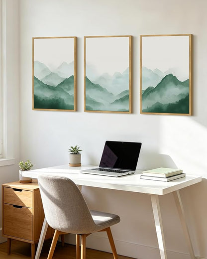 PHOPAGO Green Watercolor Fog Mountains Framed Wall Art Large 16x24in Vintage Nature Landscape Artwork Paints Boho Rustic Scenic Room Decor for Bedroom Hallway - Natural Framed