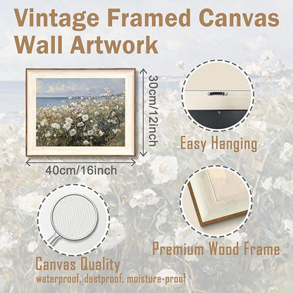 ASTRDECOR Framed Canvas Wall Art Room Decor, Vintage Landscape Wall Art for Home Decor Aesthetic Artwork, Coastal Scenery Nature Rustic Farmhouse Wall Decor for Living Room, White Wildflowers Oil Painting Pictures Bathroom Wall Decor- 12''x16''